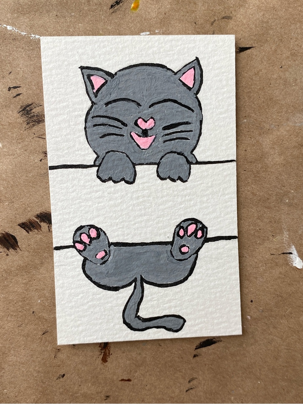 Peek-A-Paws: ACEO playful gray cat acrylic paint on paper, unframed